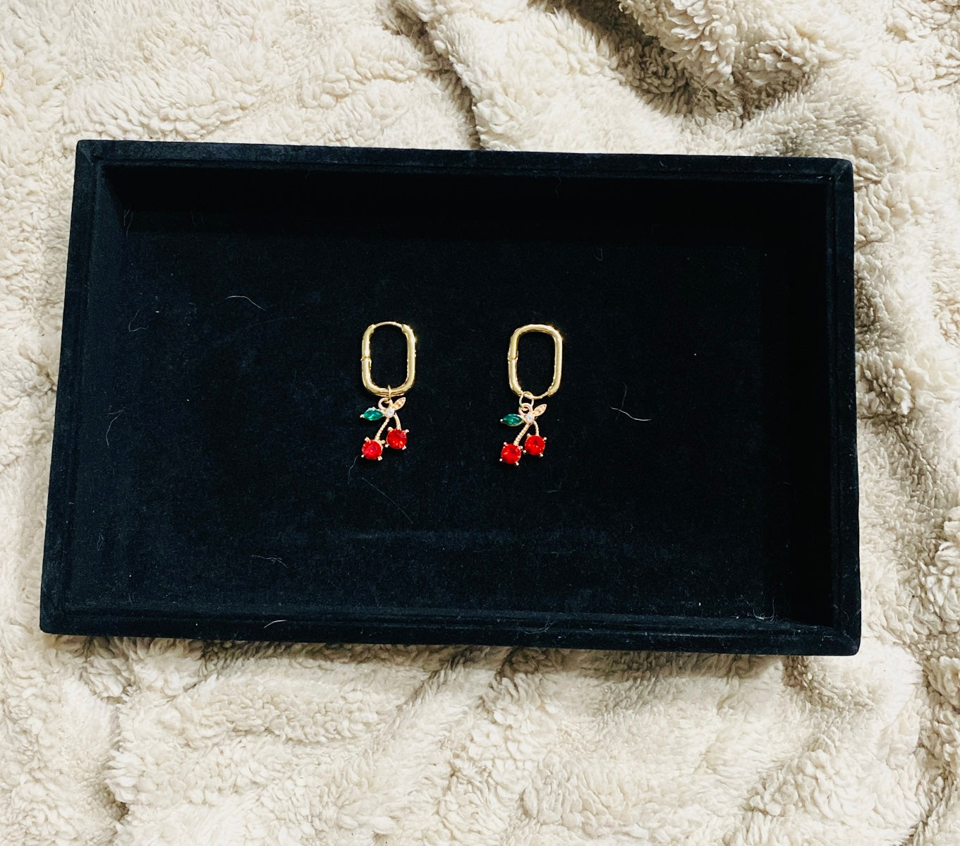 Gold Plated Red Cherry Charm Earrings