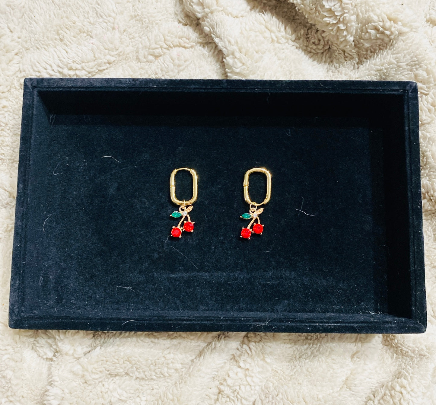 Gold Plated Red Cherry Charm Earrings